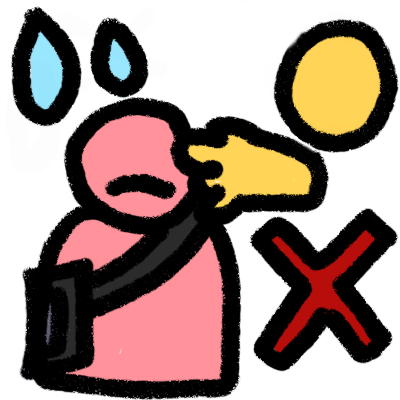 a simple pink figure with a downturned mouth wearing an AAC device. a yellow hand is reaching for them/touching them from a disembodied yellow head. there are two water droplets signifying swet and a red 'x'.